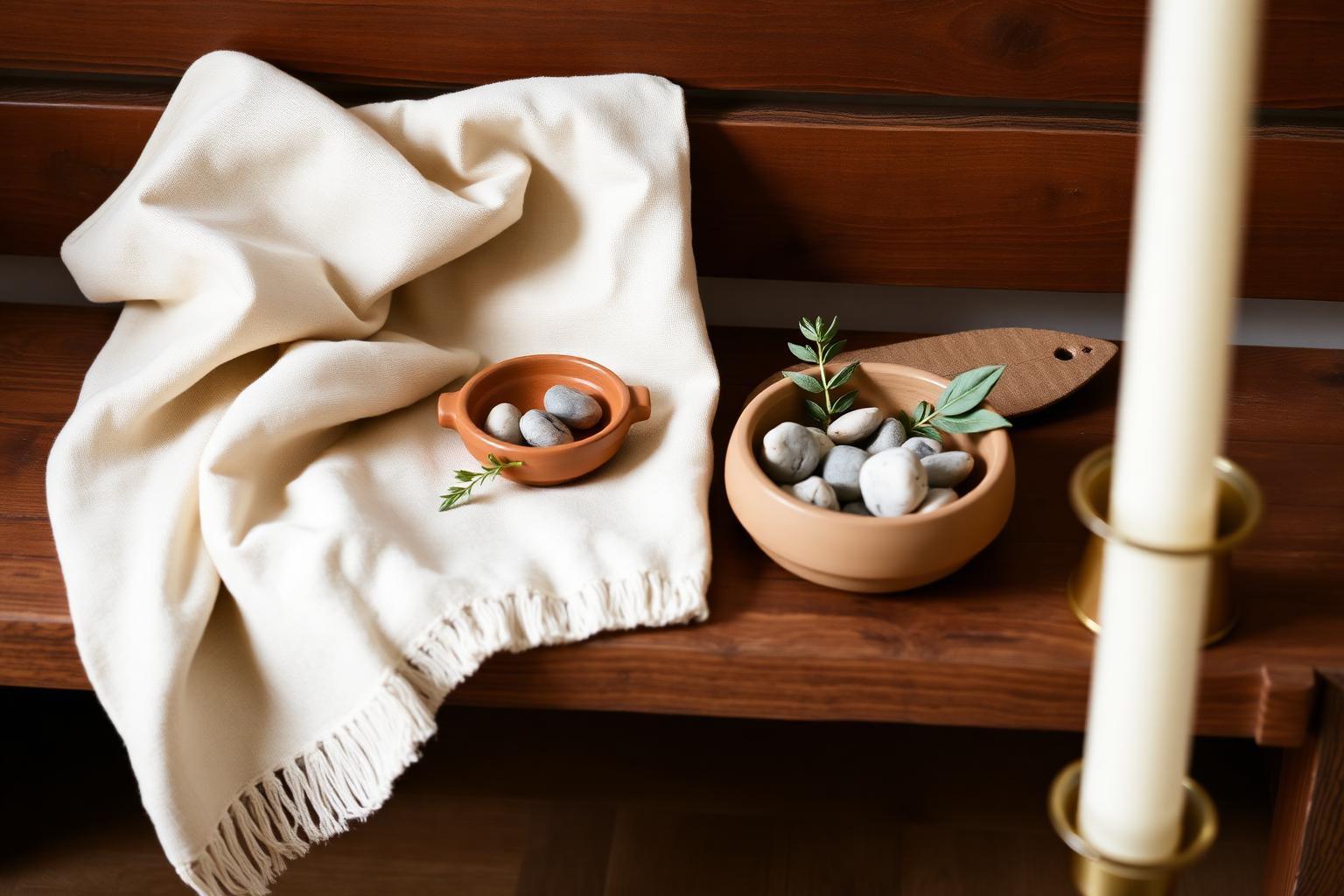 Calm wellness still life with linen, clay bowl and sage