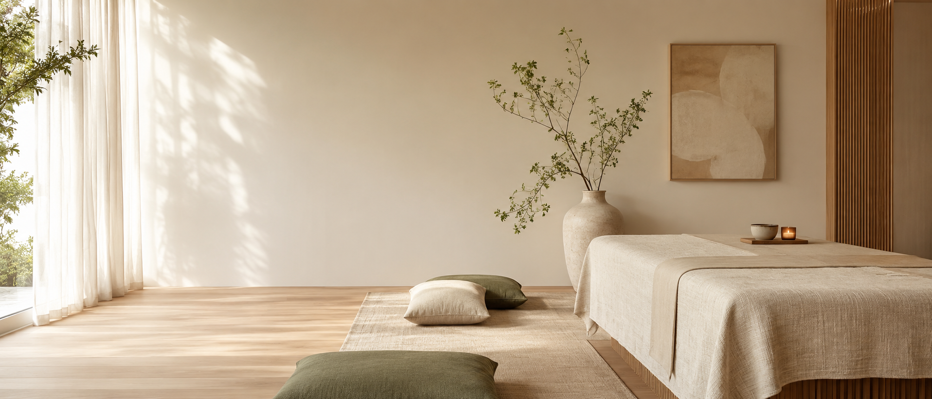 Calm wellness room with natural light, floor cushions, and a treatment table.